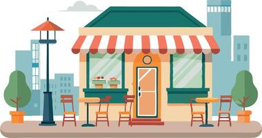 A colorful storefront with a red and white awning and a green roof vector