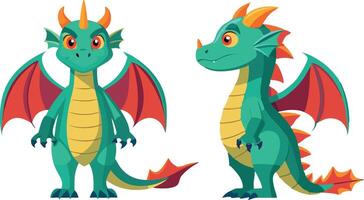A green dragon with red wings stands in front of a white background vector