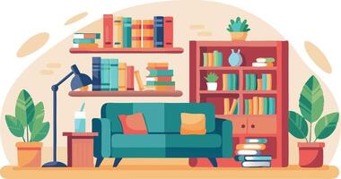 A cartoonish drawing of a living room with a couch, a lamp, and a bookshelf vector