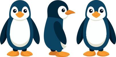 Three penguins are shown in different poses, with one standing upright vector