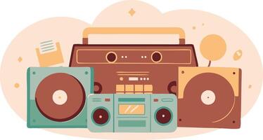 A cartoon of a radio, CD player, and cassette player vector