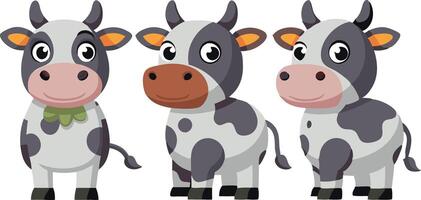 Three cartoon cows are standing in a row, with one of them eating a green leaf vector