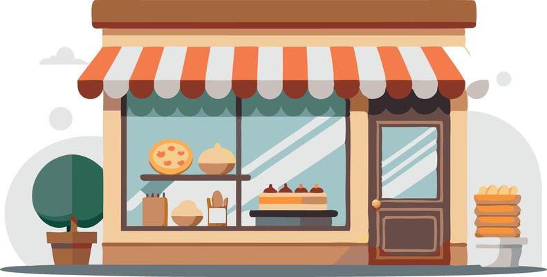 A bakery shop with a red and white striped awning