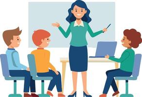 Teacher conducting lesson with students in classroom using laptop and whiteboard vector