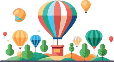 A colorful hot air balloon is surrounded by other balloons and trees vector