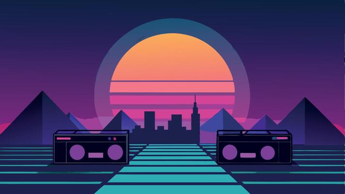 A neon cityscape with two cassette tapes on a walkway