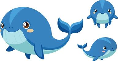 Three cartoon whales are shown in different sizes, with one being the largest vector