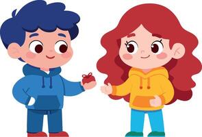 Cute characters exchanging a gift. Joyful interaction between two friends with happy expressions. vector