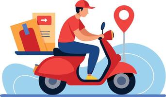 Illustration of delivery service worker on scooter transporting packages with location icon vector