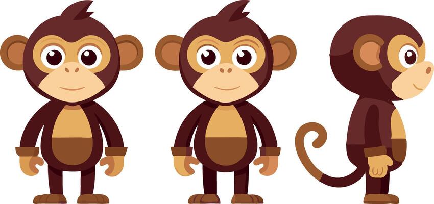 Three cartoon monkeys are shown in different poses