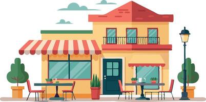 A yellow and red building with a red awning and a black door vector