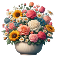 Bouquet of flowers in a vase on transparent background png