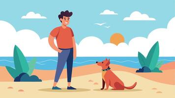 A man is standing next to a dog on a beach vector