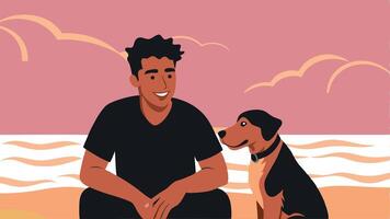 A man and a dog are sitting on the beach vector