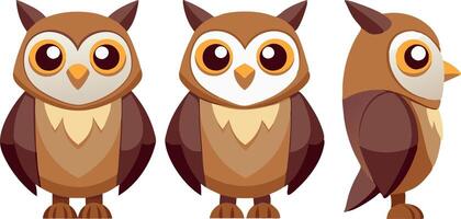 Three owls are shown in different poses, with one standing upright vector