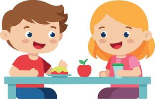 Illustration of two children sitting at a table and enjoying drinks together vector
