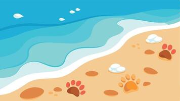 A beach scene with a dog's paw prints in the sand vector
