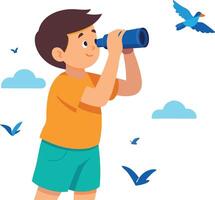 Illustration of child birdwatching with binoculars, observing a flock of birds in flight vector