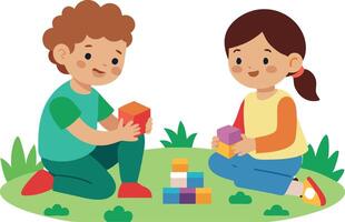 Two children are playing with blocks in a grassy area vector