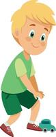 Illustration of a happy child playing with a toy car on a white background vector