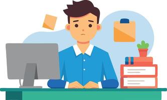 A man is sitting at a desk with a computer and a potted plant vector