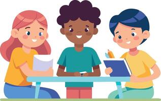 Three children are sitting at a table with books and papers vector