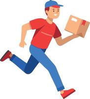 A man in a red shirt is running with a box in his hand vector