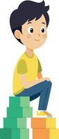 Cartoon boy sitting on colorful blocks, smiling and looking content vector
