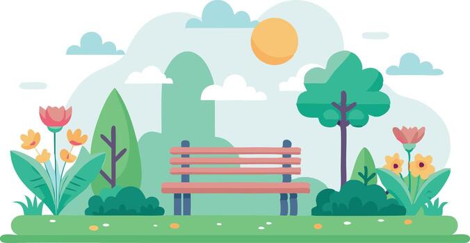 un parque escena con un banco y un árbol vector