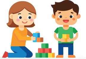 Happy kids playing with colorful building blocks, smiling and enjoying fun creative activity vector