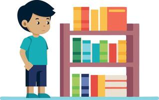 Illustration of a young boy standing in front of a bookshelf filled with colorful books vector