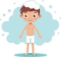 Cute cartoon boy with soap foam on head during bath time, isolated on white background vector