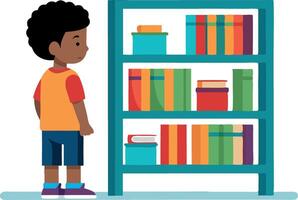 Illustration of a young boy standing in front of a bookshelf filled with colorful books vector
