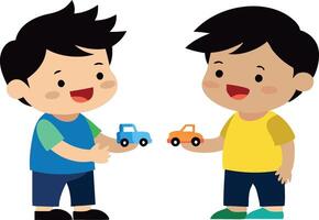 Two happy cartoon boys playing with a toy car and enjoying their time together vector