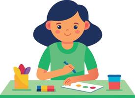 A girl is sitting at a table with a pencil and a piece of paper vector