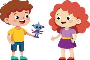 Cute characters exchanging a gift. Joyful interaction between two friends with happy expressions. vector