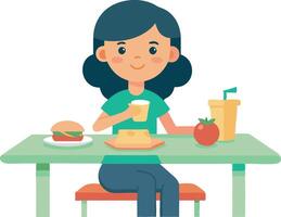 A girl is sitting at a table with a sandwich, a drink, and a tomato vector