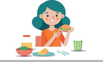 A girl is sitting at a table with a sandwich and a cup of coffee vector