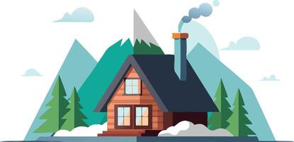 A house with a chimney and a mountain in the background vector