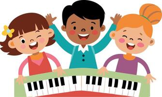 Three children are playing a keyboard vector