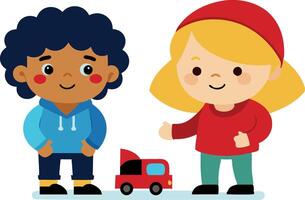 Illustration of two cute cartoon kids with a toy truck on a white background vector