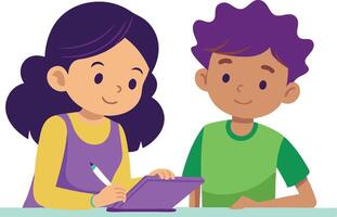 A girl and a boy are sitting at a table with a tablet in front of them vector