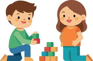 Happy kids playing with colorful building blocks, smiling and enjoying fun creative activity vector