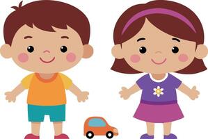 Cute cartoon illustration of two kids playing with a toy car vector