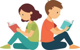 Illustration of children reading books while sitting back-to-back in a focused manner vector
