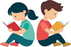 Illustration of children reading books while sitting back-to-back in a focused manner vector