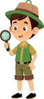 Illustration of a young boy exploring with magnifying glass in green scout uniform vector