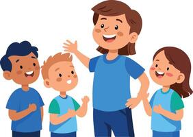 Happy children smiling and talking with teacher in a cheerful learning environment vector