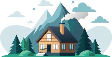 A house with a chimney is in front of a mountain vector