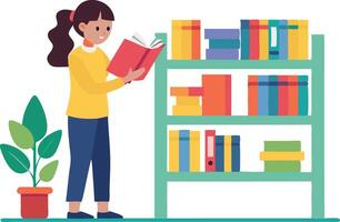 A girl is reading a book in a library vector